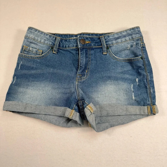 Bdg Mid Rise Shortie Jean Shorts Womens Sz 28 Medium Wash Rolled Hem Distressed - Picture 1 of 11